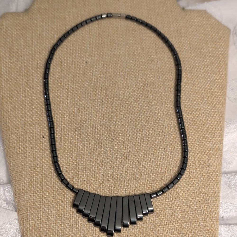 vintage natural hematite statement necklace with graduated bar or fringe design